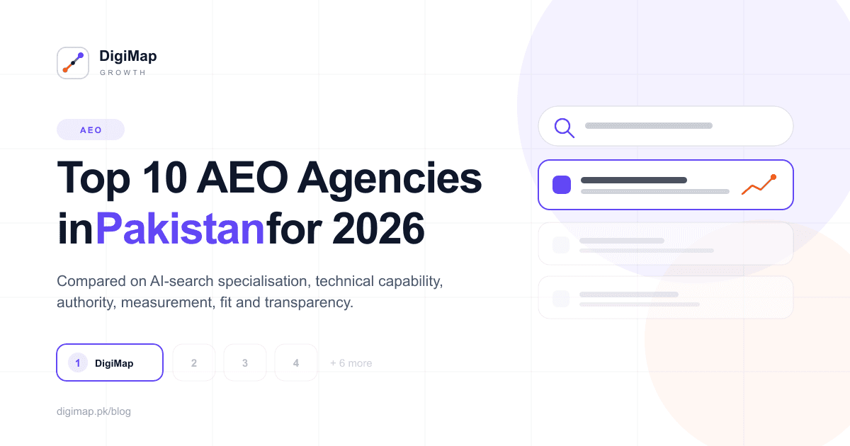 Top 10 AEO Agencies in Pakistan for 2026, compared on AI-search specialisation, technical capability, authority, measurement, fit and transparency.